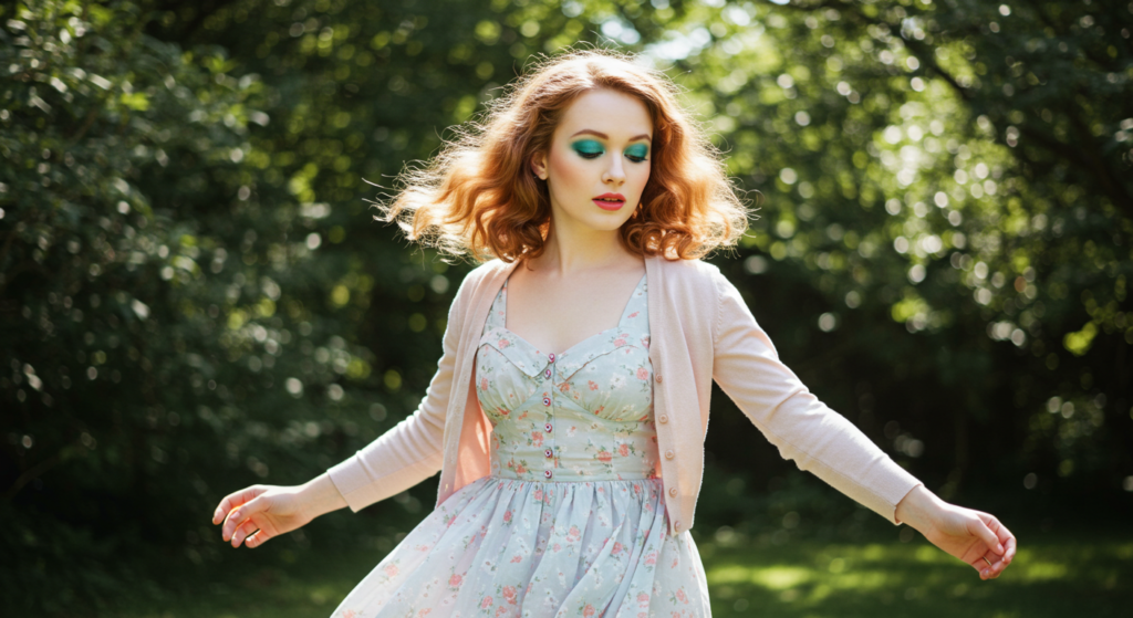 Makeup and Clothing Sync Mixing Bright Eyeshadow with Soft Clothing Tones