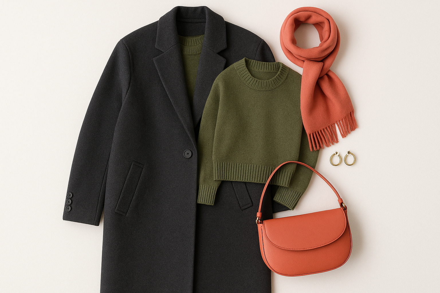 Flat lay of color-coordinated outfit pieces showing 60-30-10 color proportions