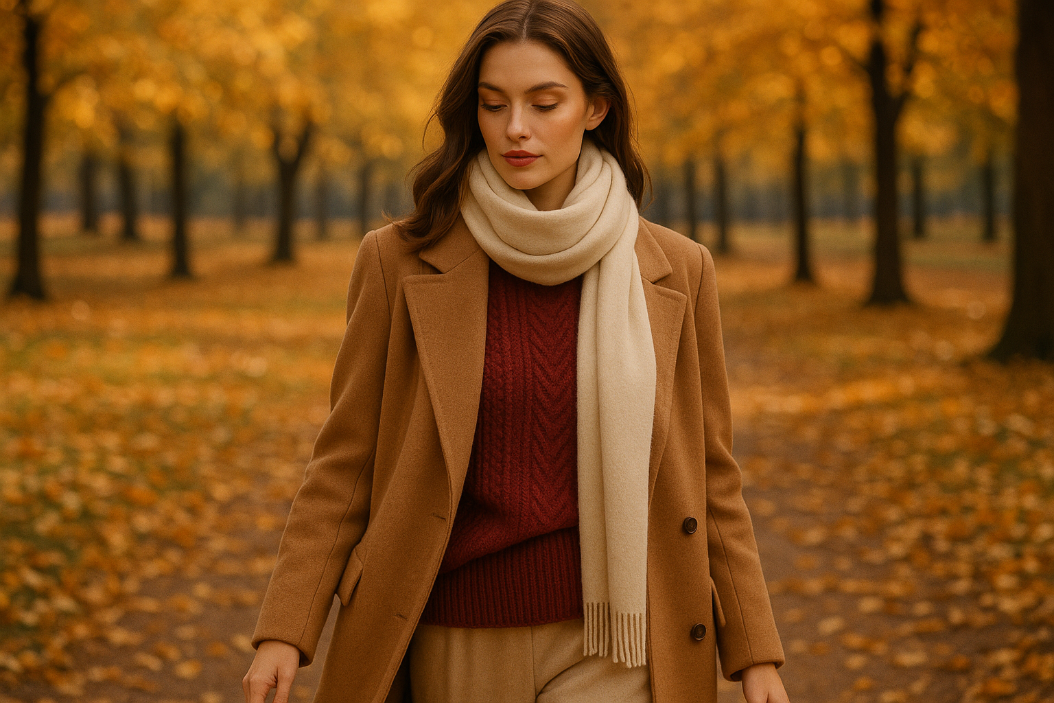 Woman wearing cranberry sweater and camel coat in autumn setting