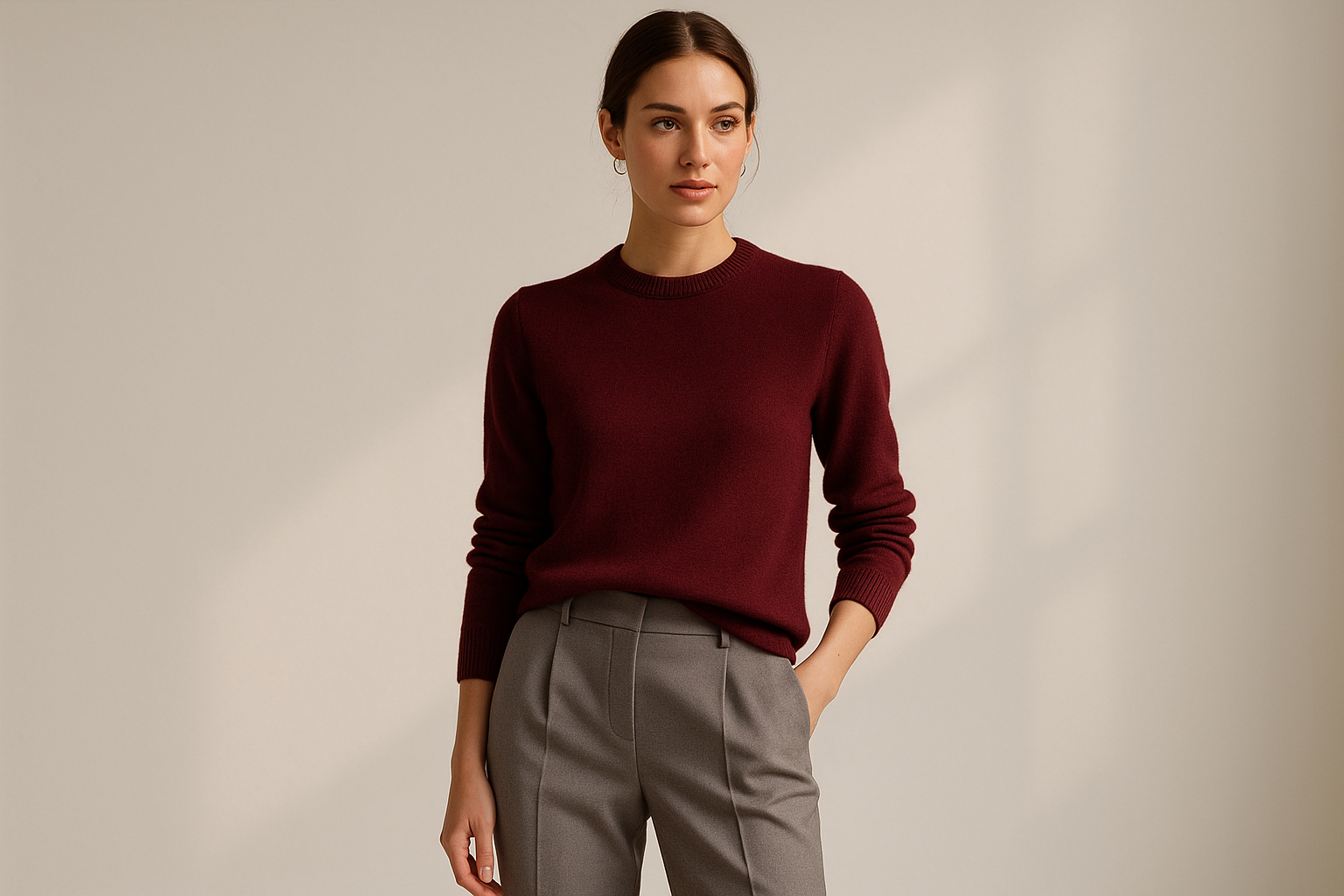 Elegant outfit combining oxblood sweater with dove gray pants