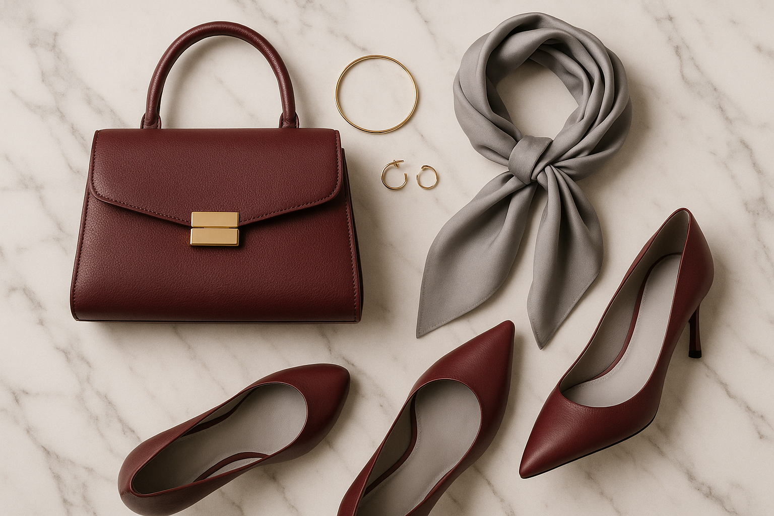 Flat lay of fashion accessories in oxblood and dove gray colors