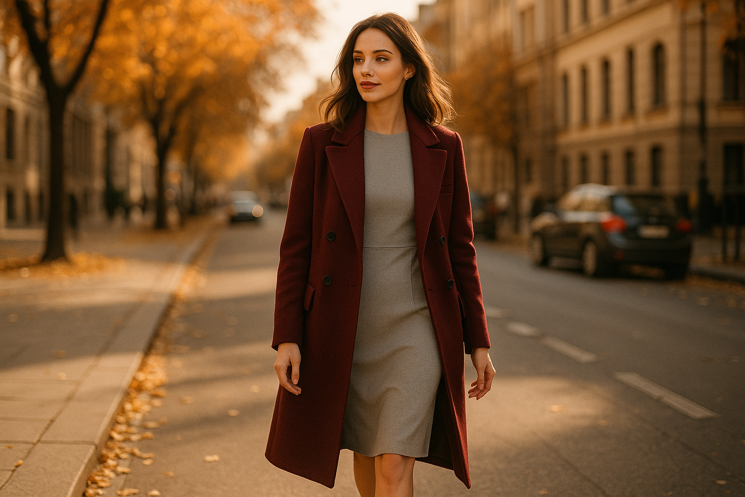 Woman wearing oxblood coat over dove gray dress in autumn city street