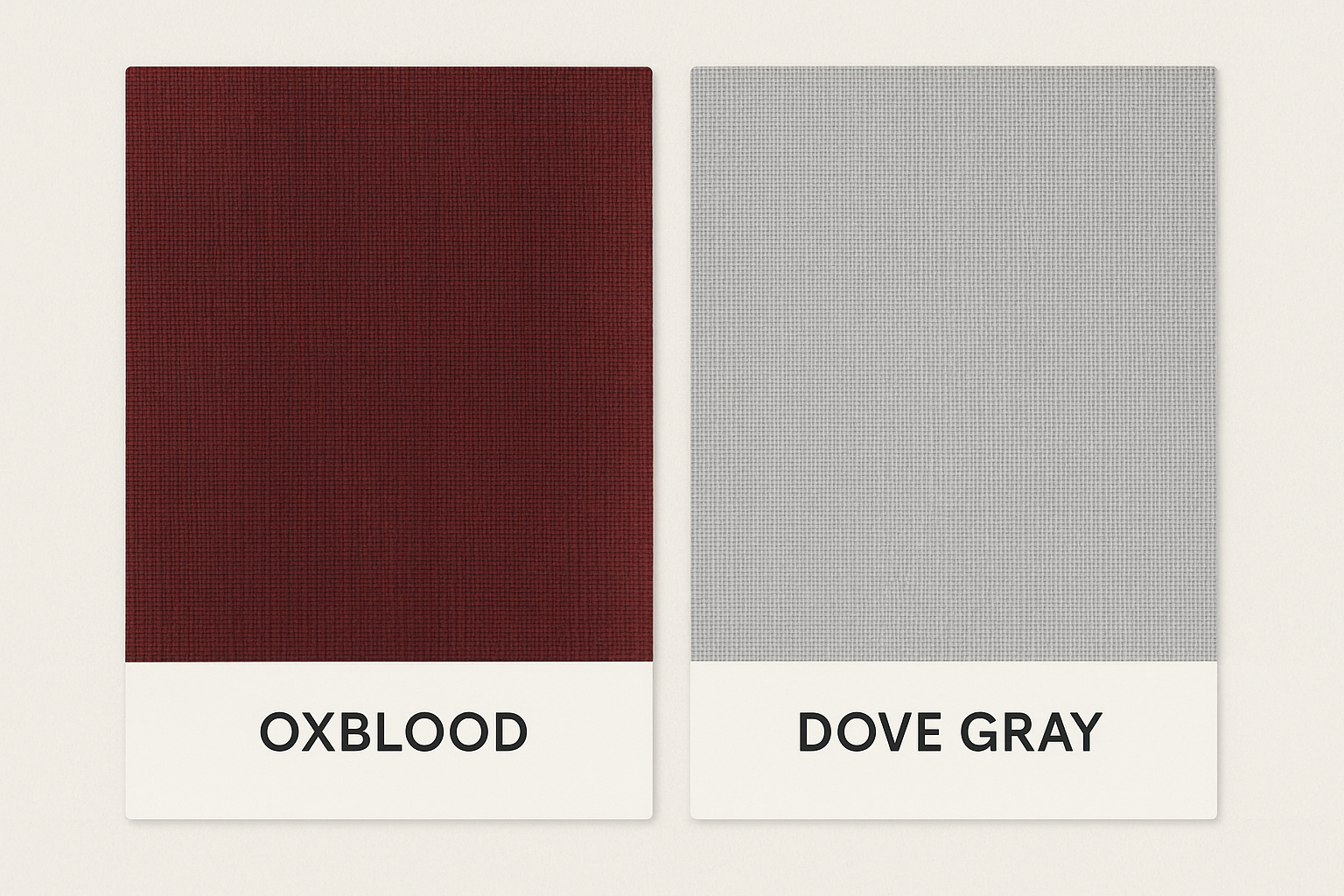 Color palette showing oxblood and dove gray shades with fabric textures
