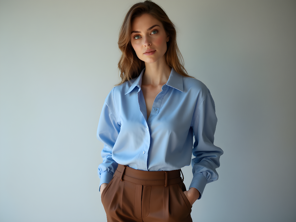 Professional periwinkle and espresso outfit styling