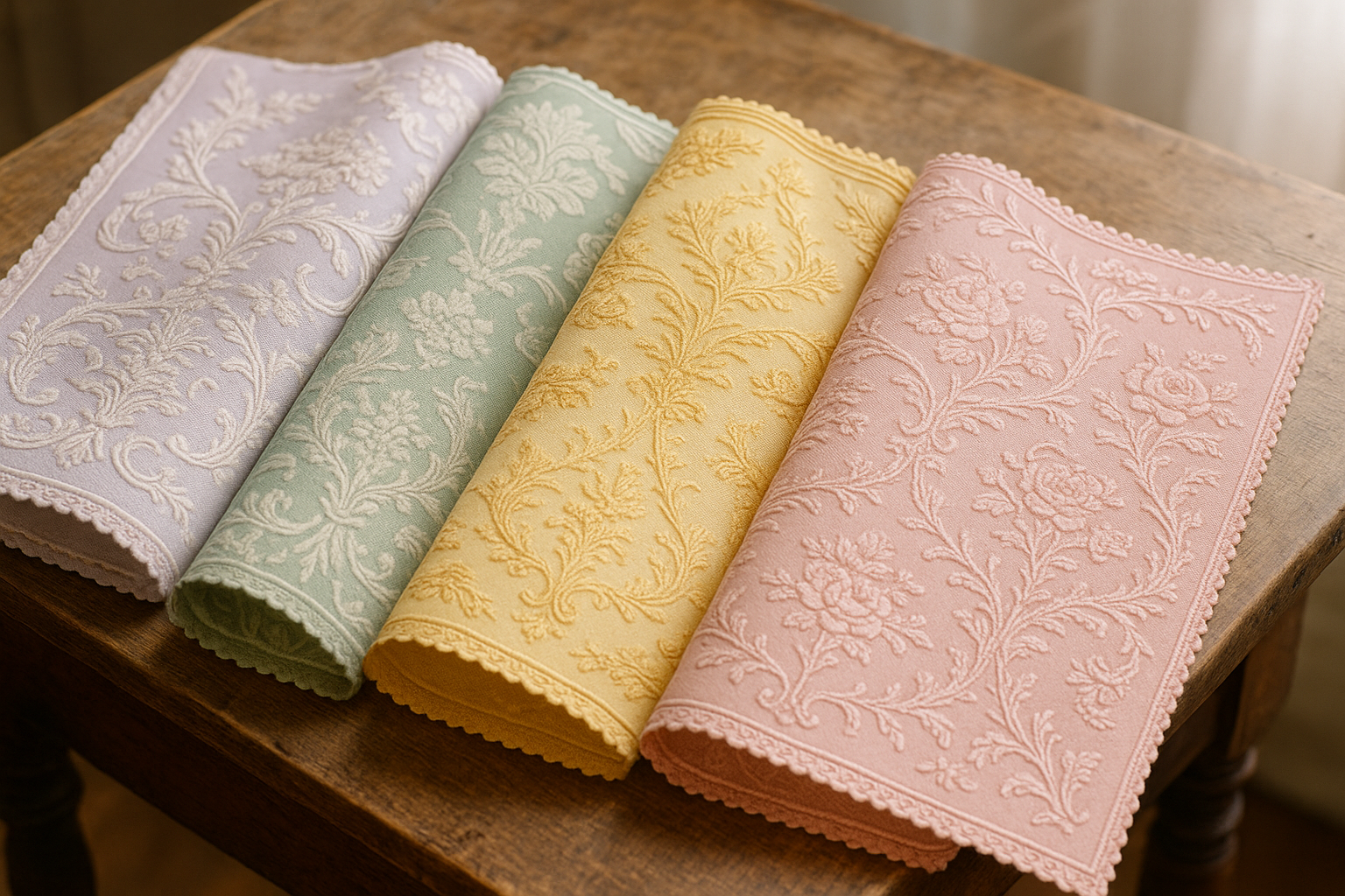 Regency era fabric swatches in soft pastel colors