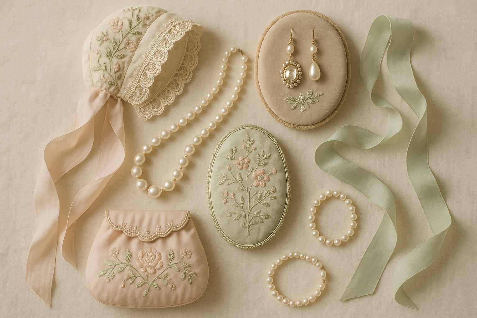 Regency era fashion accessories in soft pastel colors