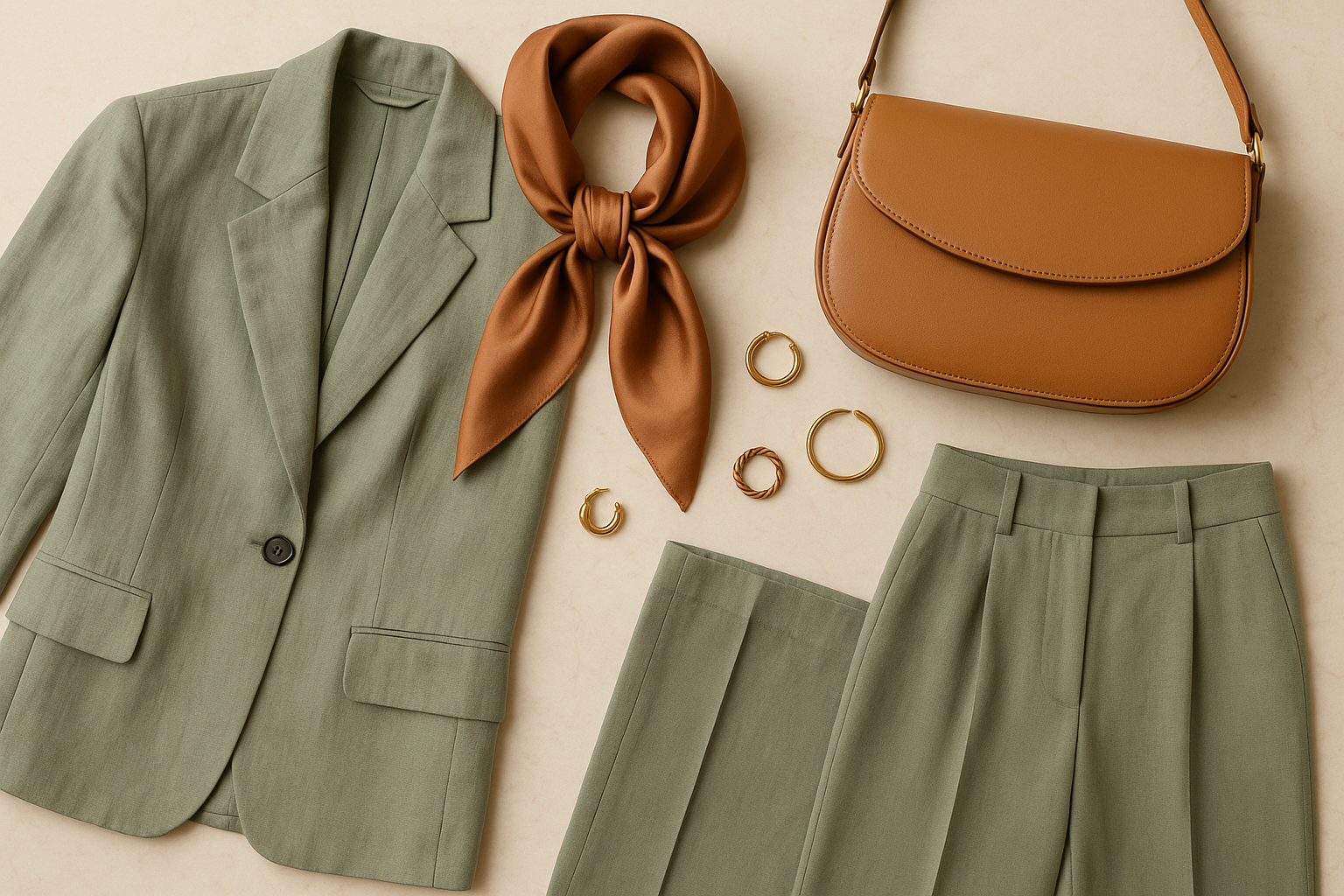Sage green and copper fashion flatlay with blazer jewelry and accessories