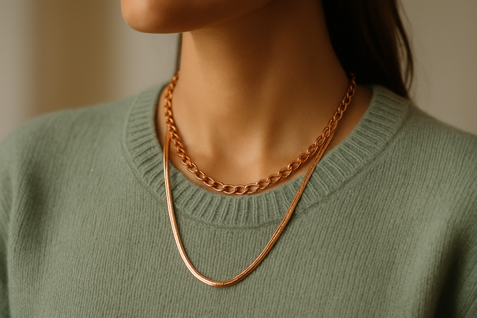 Four seasons fashion collage with sage green outfits and copper accessories