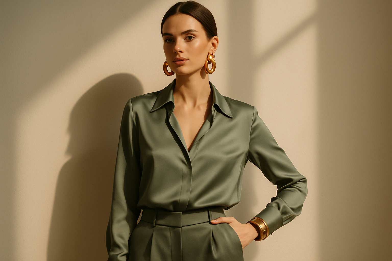 Elegant woman wearing sage green dress with copper accessories