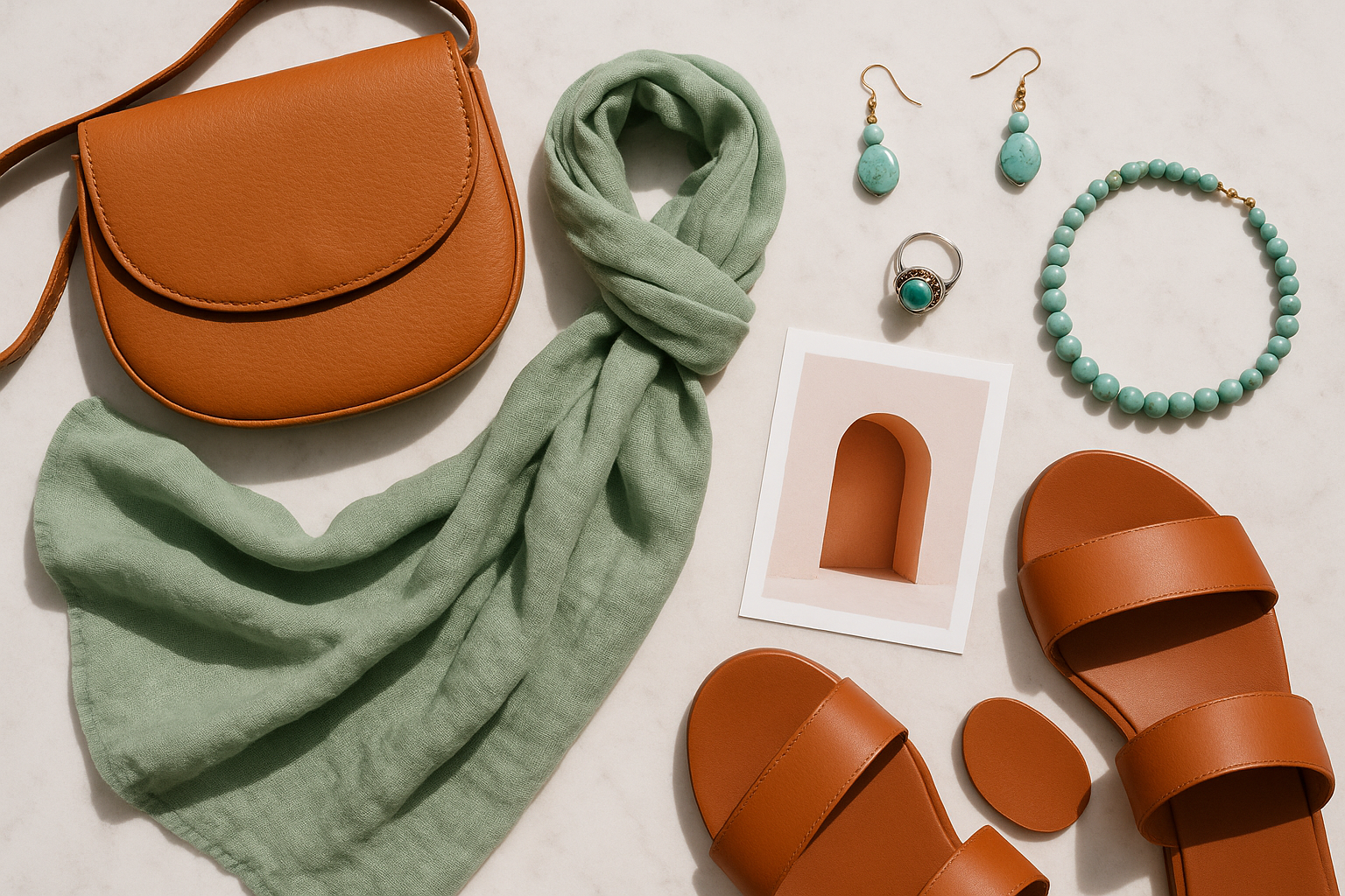 Seafoam and terracotta wardrobe flatlay