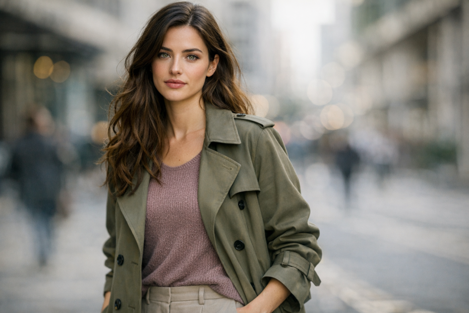 Mauve and olive drab street style: woman in olive trench with mauve knit top