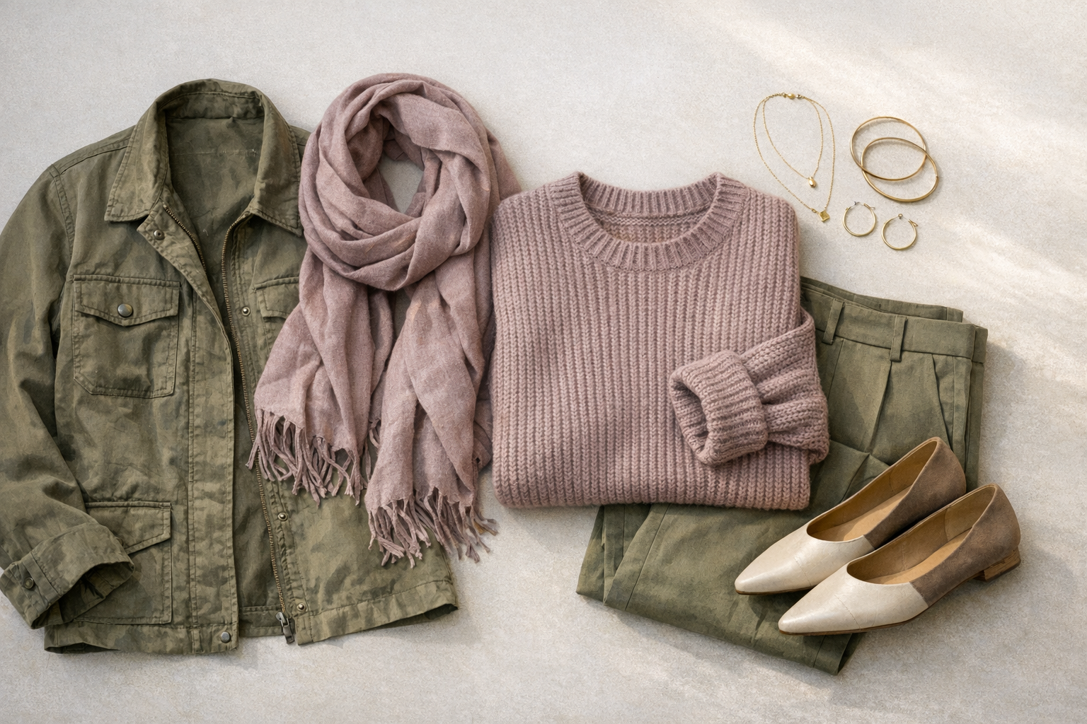 Mauve and olive drab flat lay: scarf, knit, jacket, trousers, neutral shoes