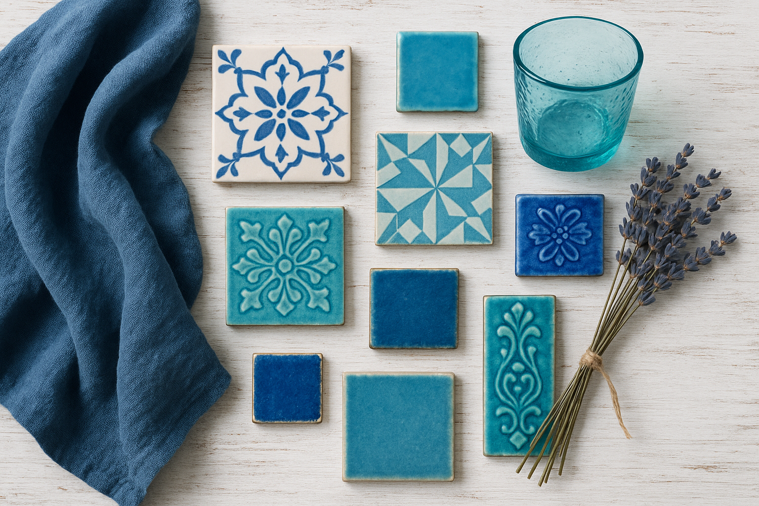 Mediterranean-inspired home decor items with ceramic tiles in various shades of blue and turquoise glass