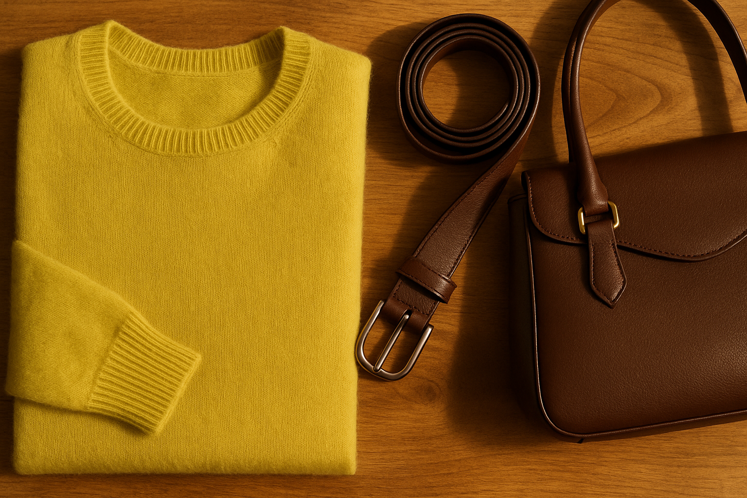 Chartreuse and chocolate brown accessories flatlay