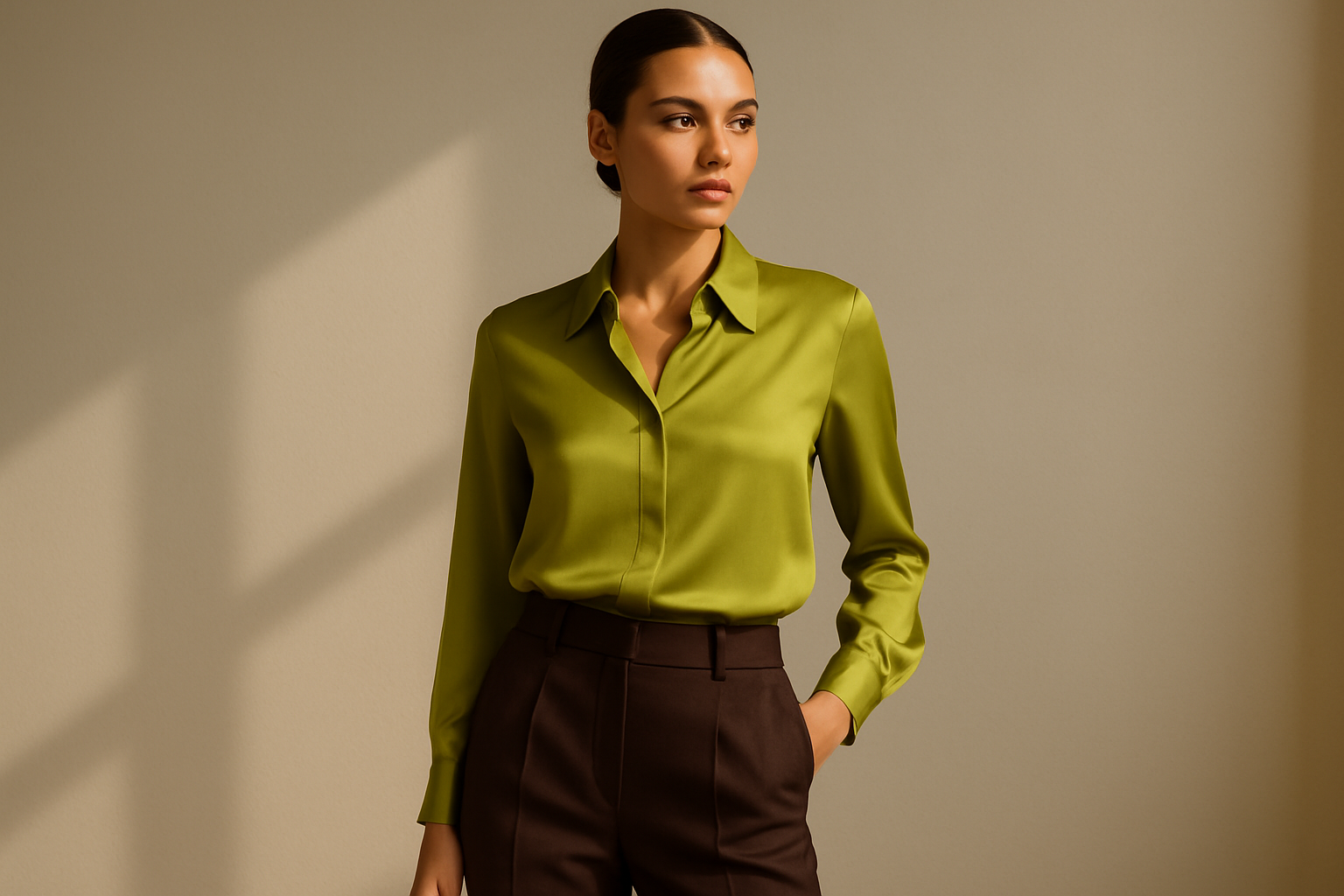 Chartreuse and chocolate brown fashion outfit combination