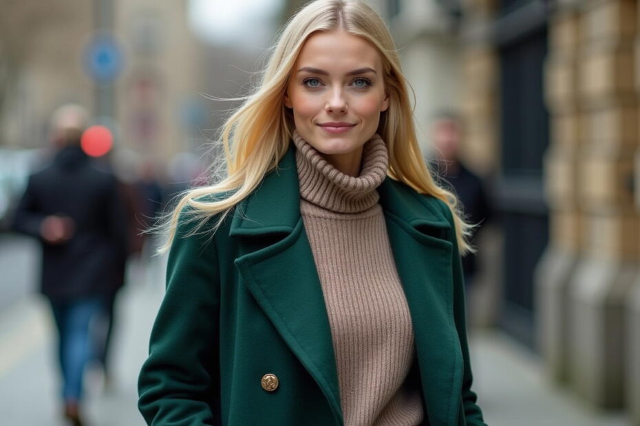 Forest pine coat with putty knit minimalist outfit