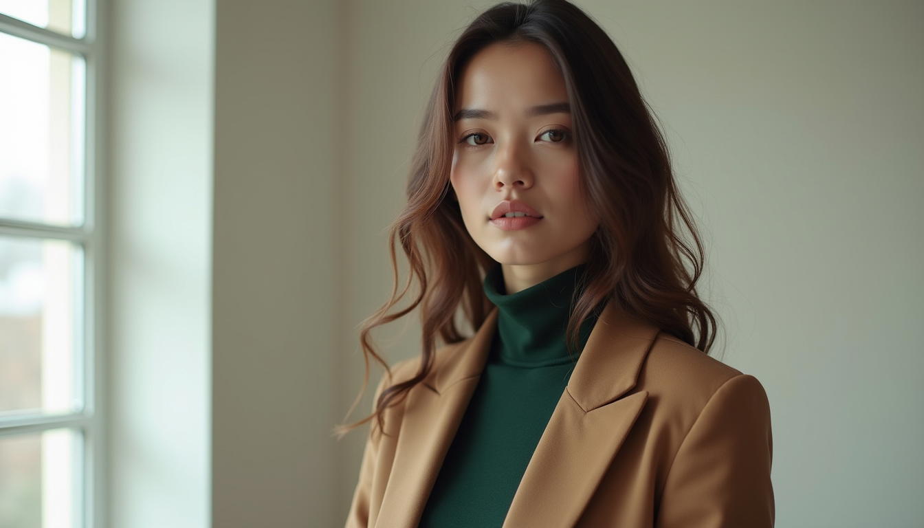 Putty blazer with forest pine turtleneck minimalist outfit