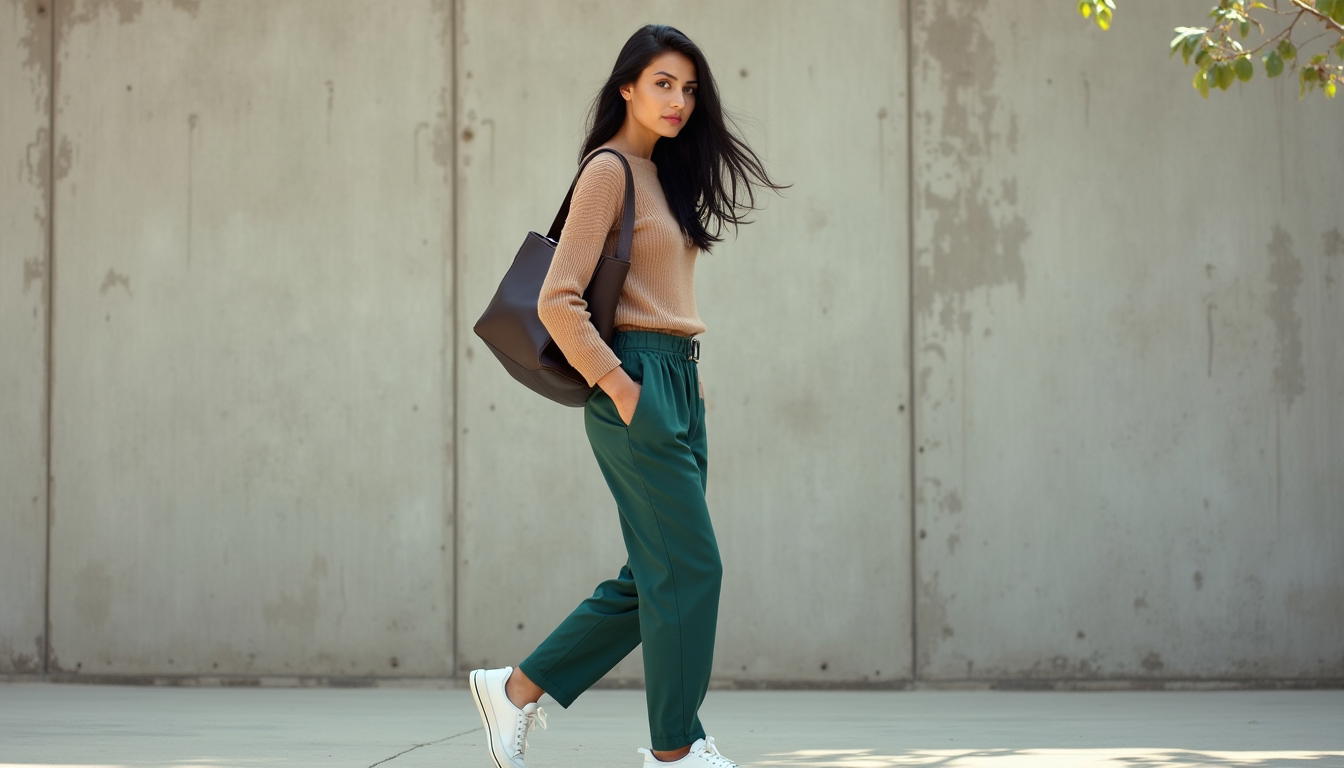 Forest pine trousers with putty knit top minimalist outfit