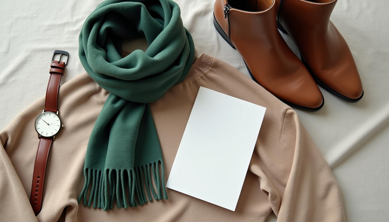 Forest pine and putty minimalist capsule flat lay