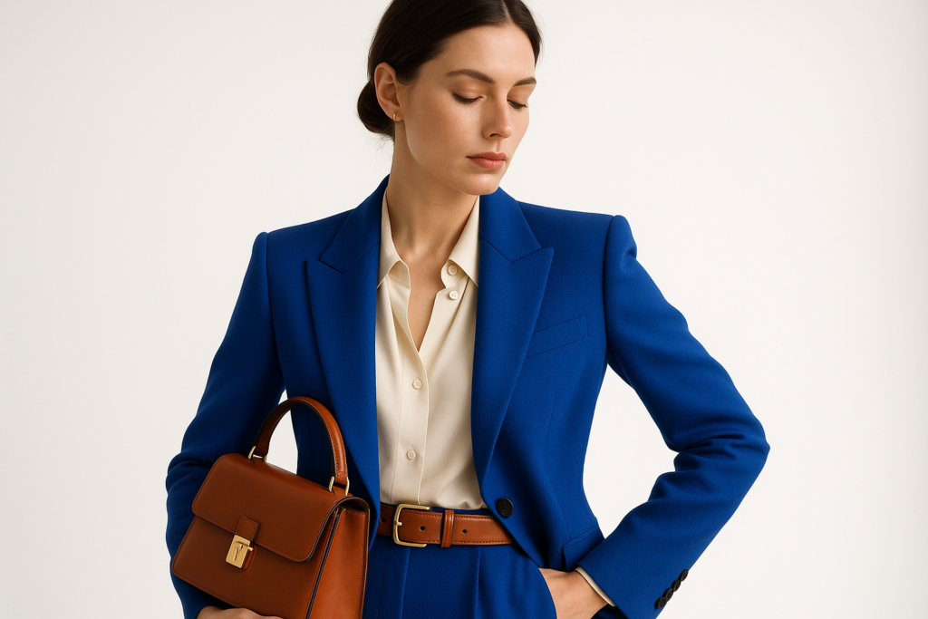 Woman wearing cobalt blue blazer with cognac leather handbag and belt