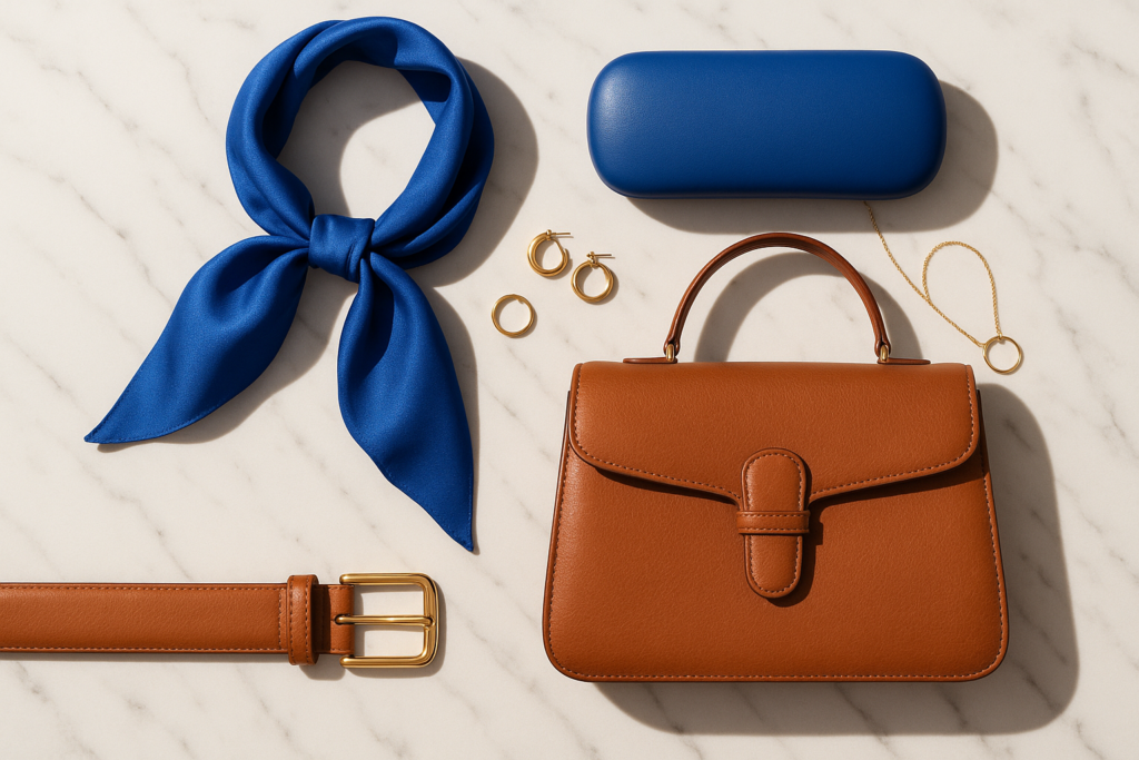 Flat lay of cobalt blue and cognac brown fashion accessories