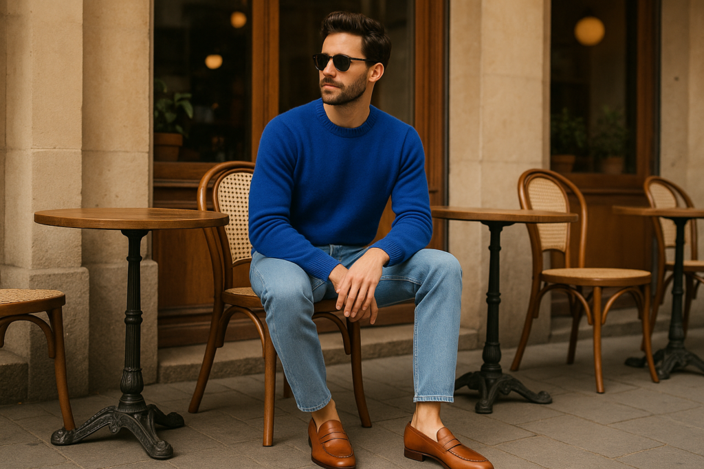 Man wearing cobalt blue cashmere sweater with cognac leather loafers
