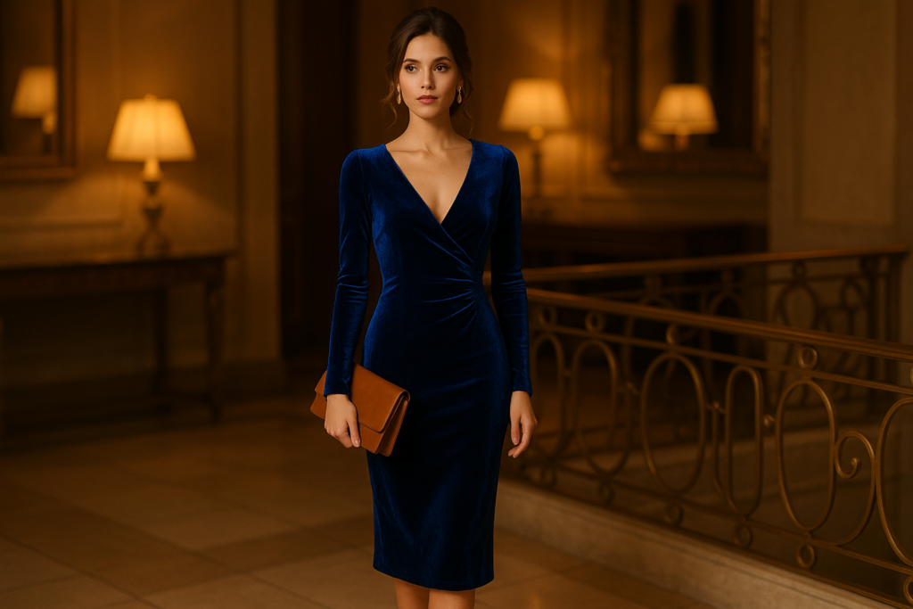 Woman in cobalt blue velvet dress with cognac heels and clutch