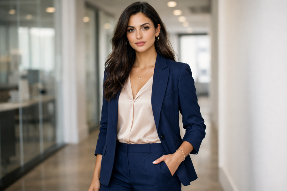 Ink blue blazer and blush beige blouse office outfit