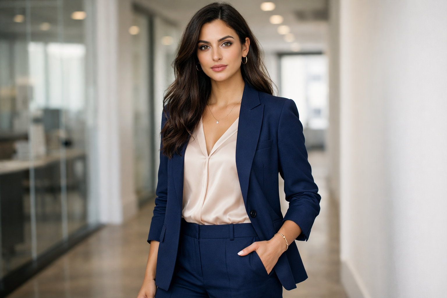 Ink blue blazer and blush beige blouse office outfit