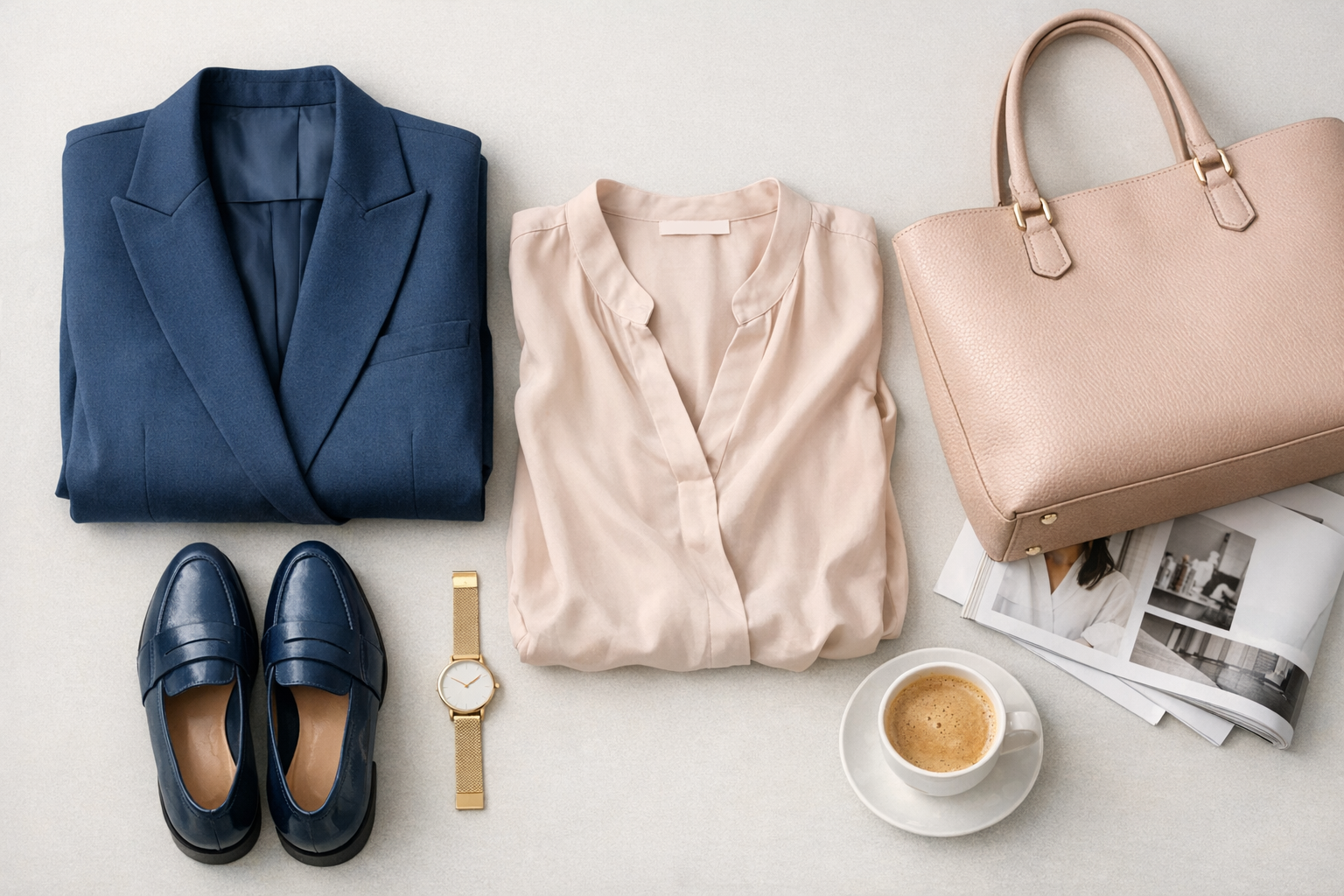 Ink blue and blush beige capsule flat lay with accessories