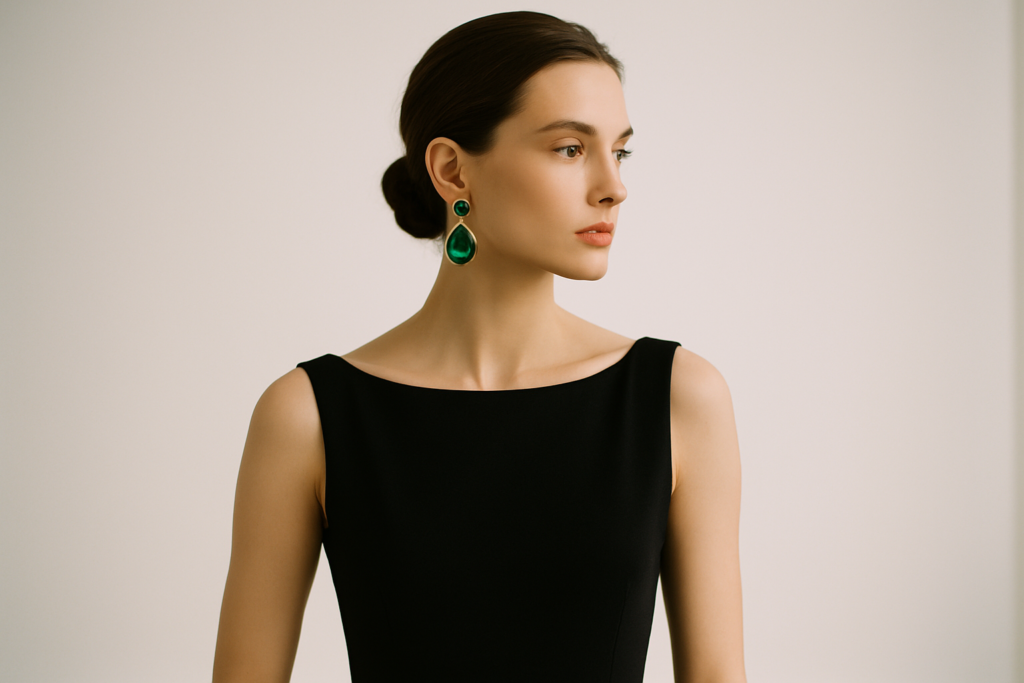 one accessory black dress emerald earrings