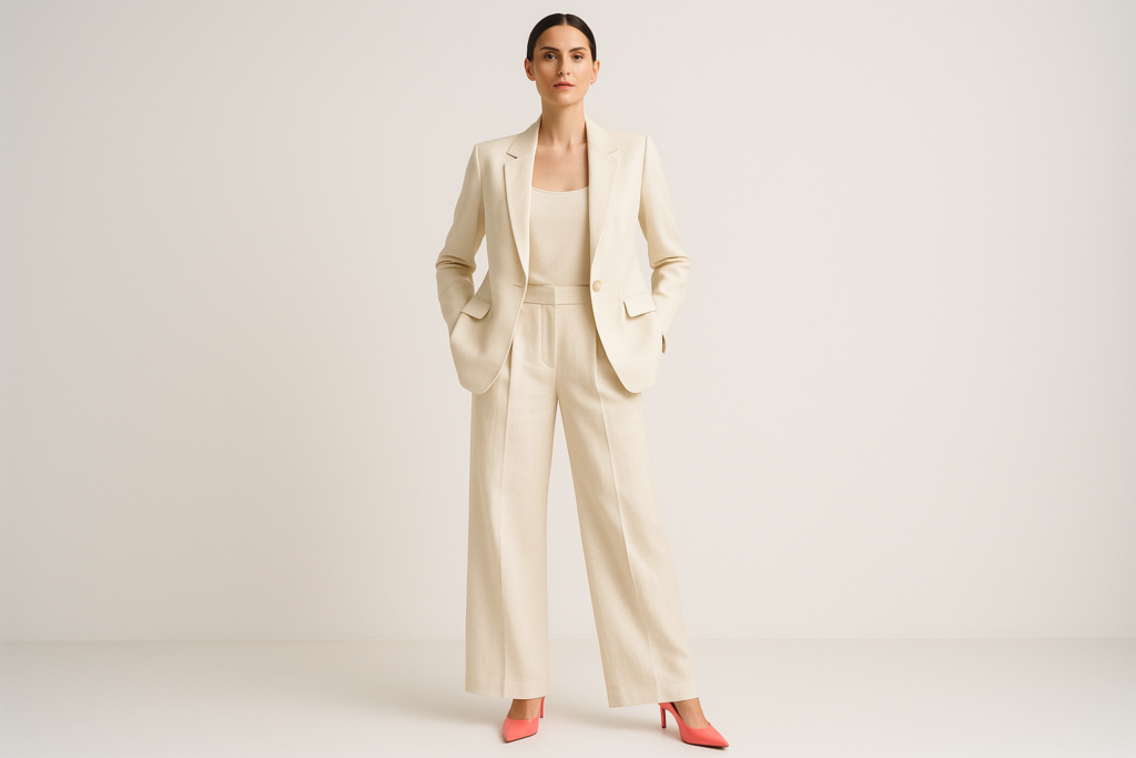 one accessory white suit coral heels