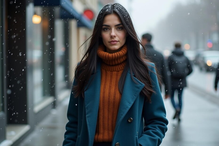 Petrol blue coat with cinnamon knit winter outfit
