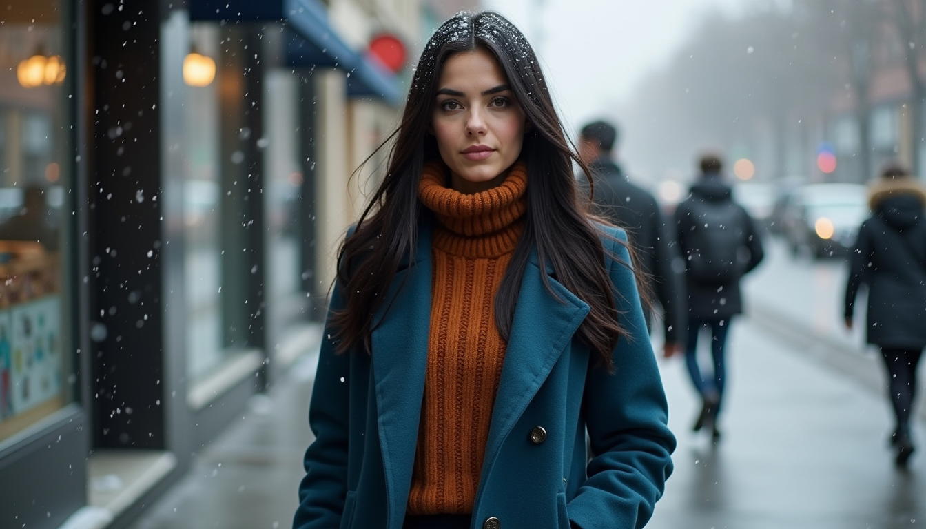 Petrol blue coat with cinnamon knit winter outfit