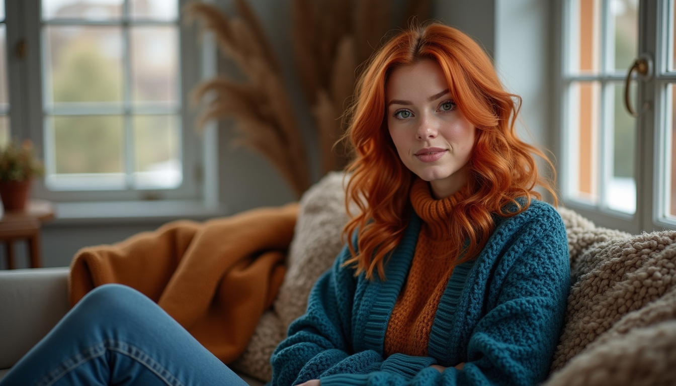 Petrol blue cardigan layered with cinnamon sweater cozy winter outfit