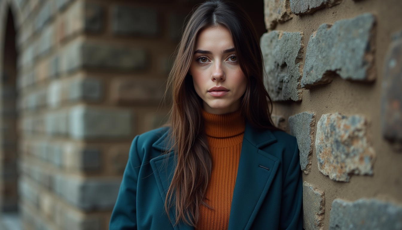 Petrol blue trousers with cinnamon turtleneck winter outfit