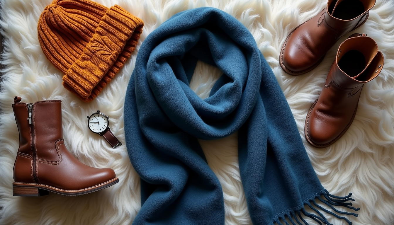 Petrol blue and cinnamon winter capsule flat lay