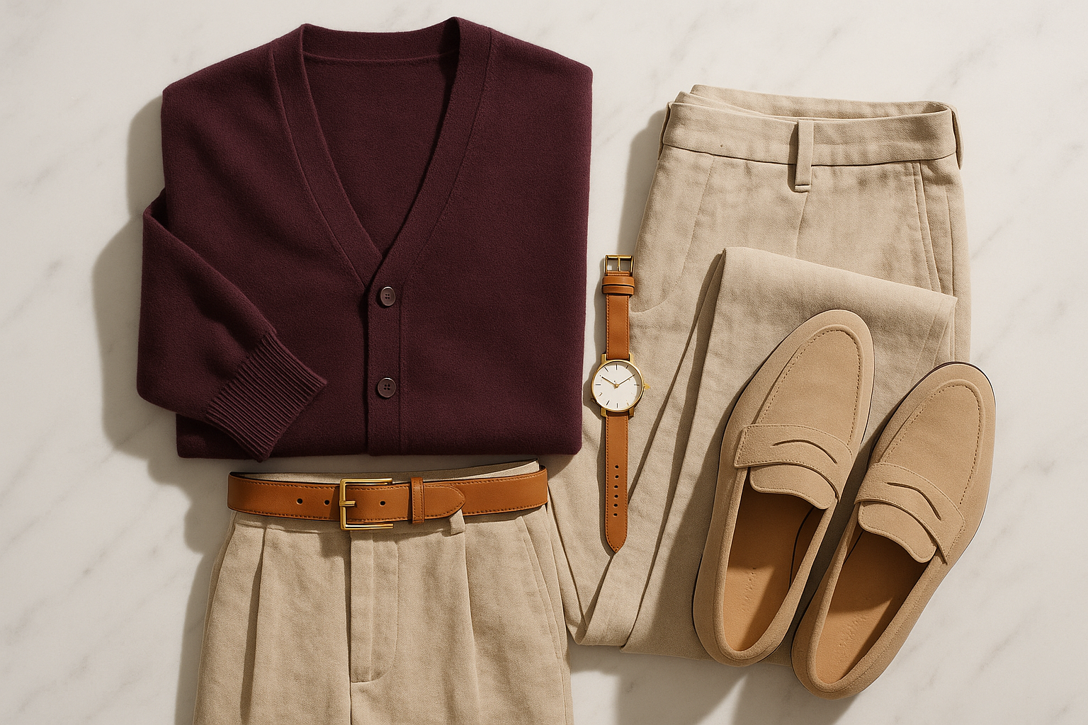 Plum and sandstone color combination flat lay outfit
