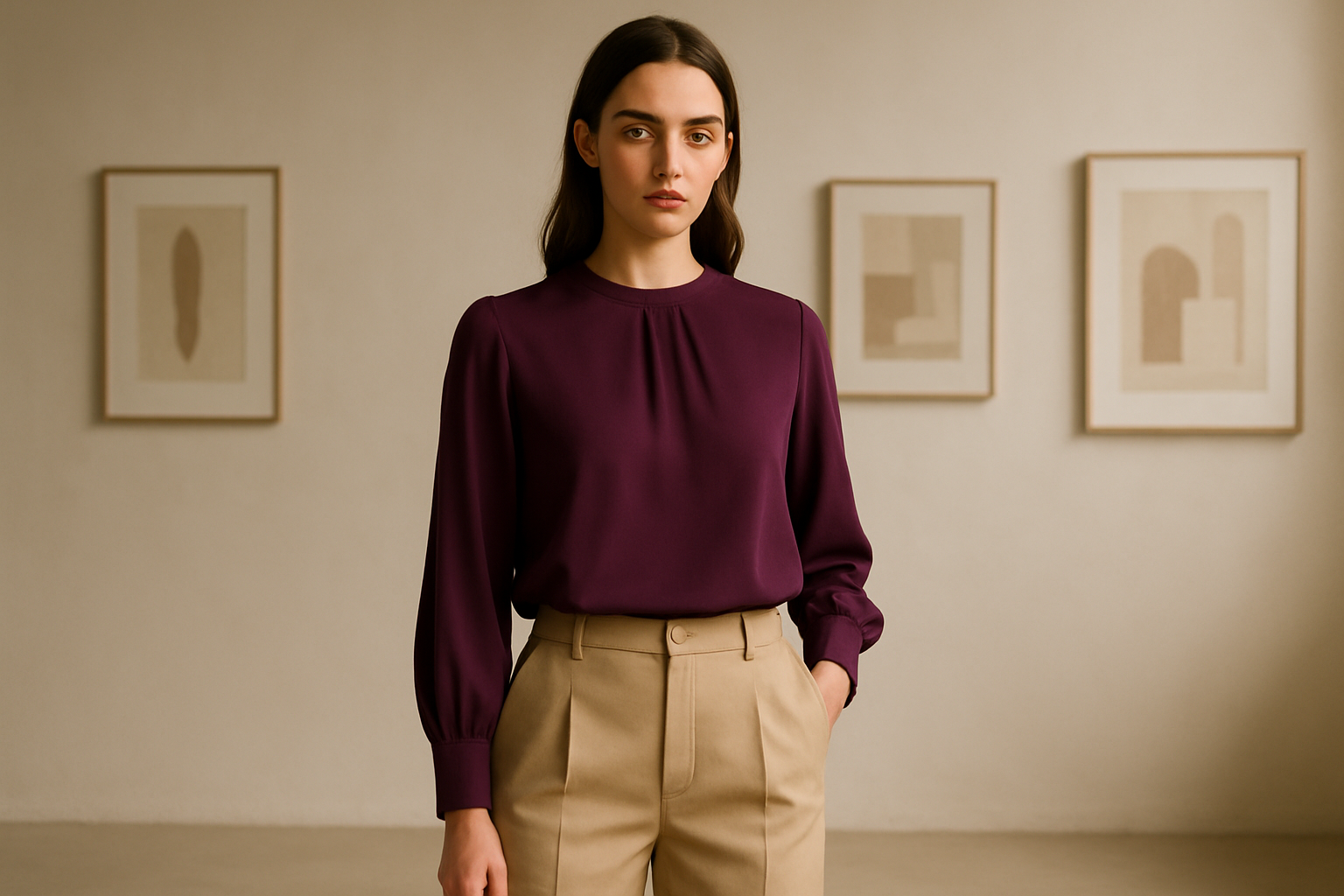 Woman wearing elegant plum and sandstone outfit