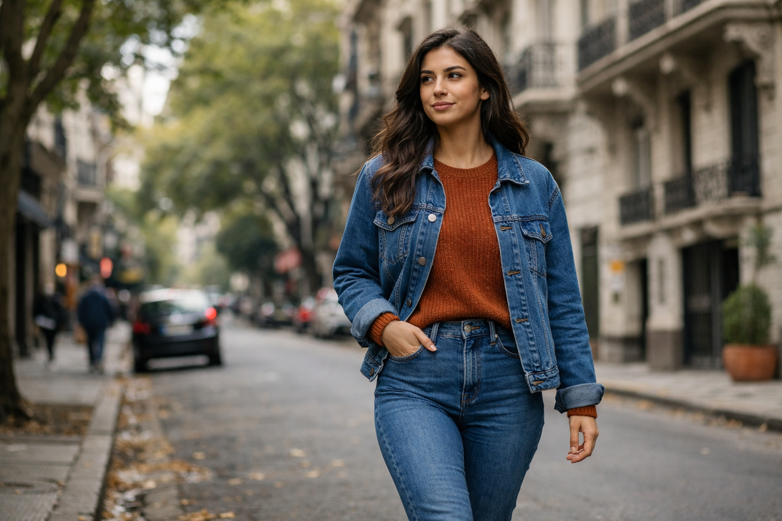 Rust knit with denim blue outer layer street style in Buenos Aires