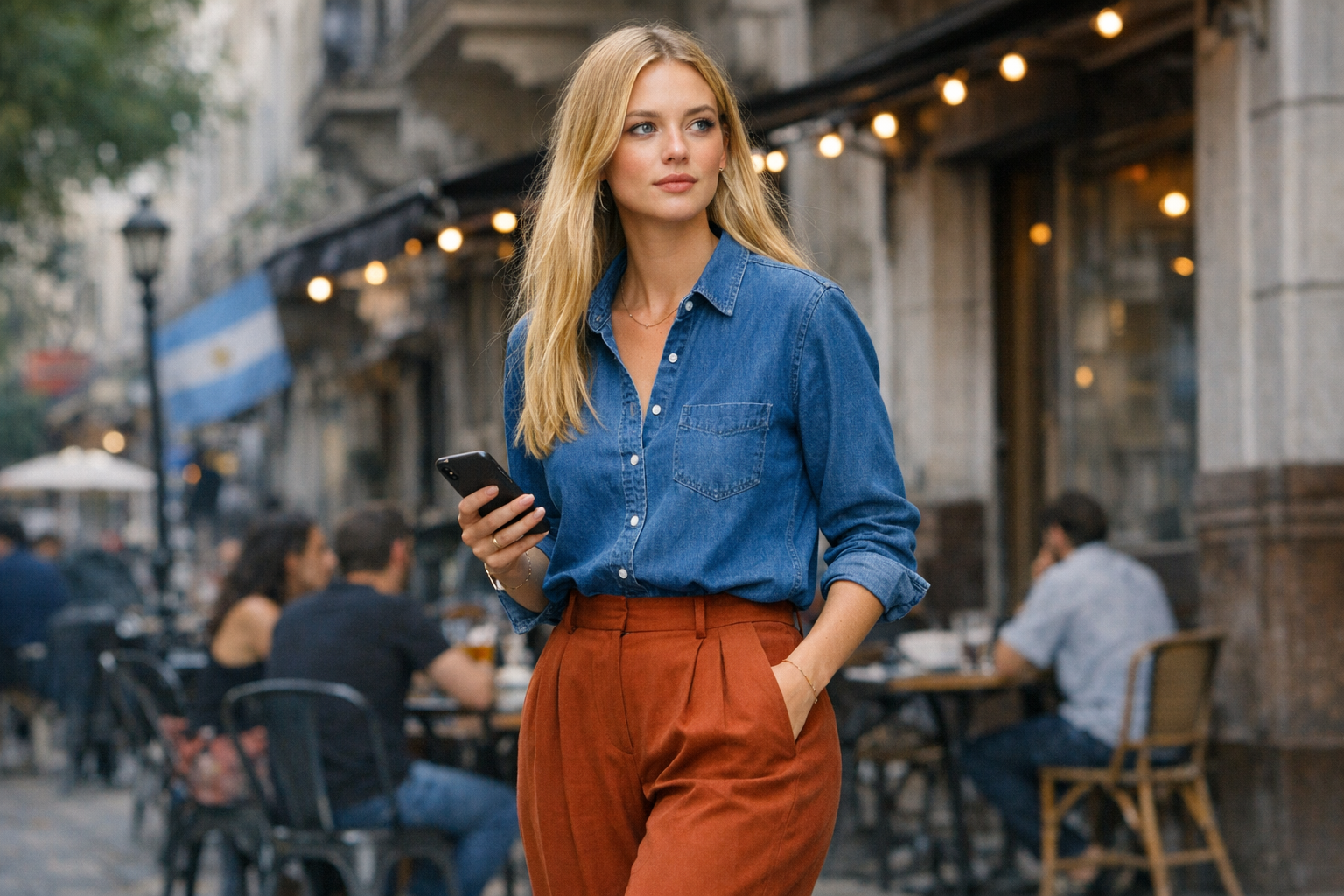 Denim blue shirt with rust wide-leg trousers outfit in Buenos Aires