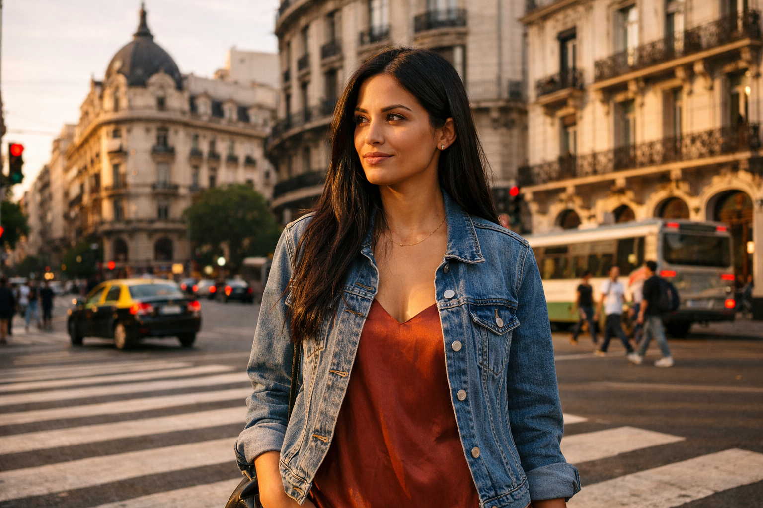 Denim jacket over rust slip dress candid street style in Buenos Aires
