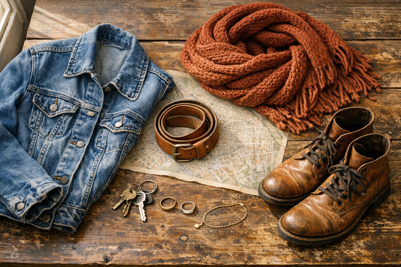 Rust and denim blue flat lay capsule with accessories