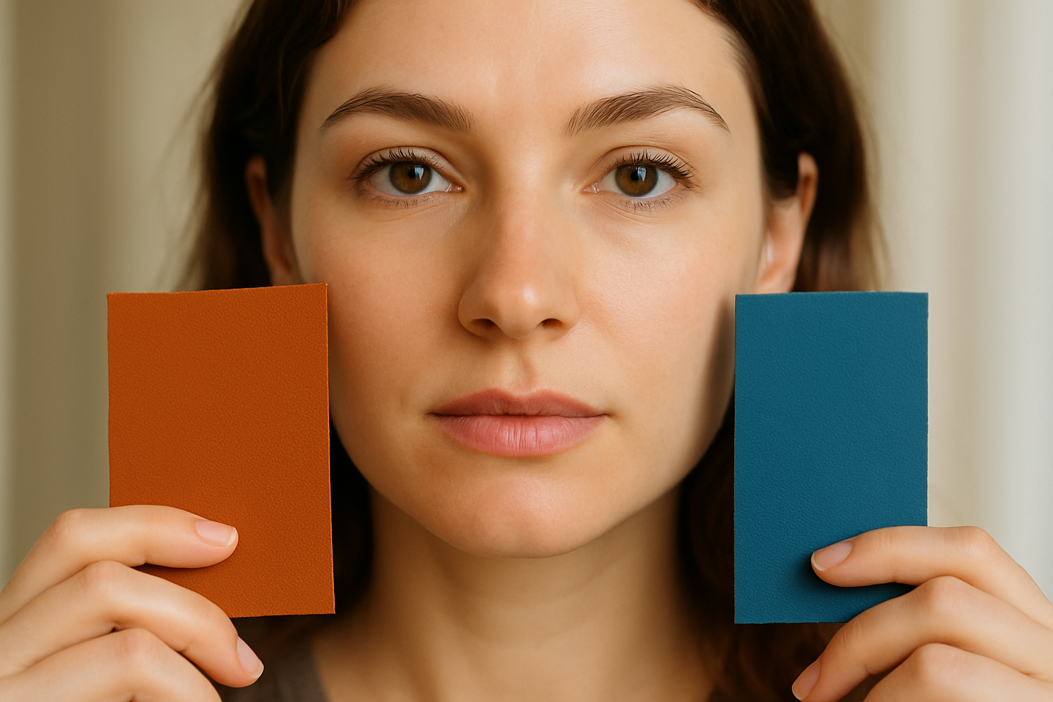 Woman testing fabric undertone against skin