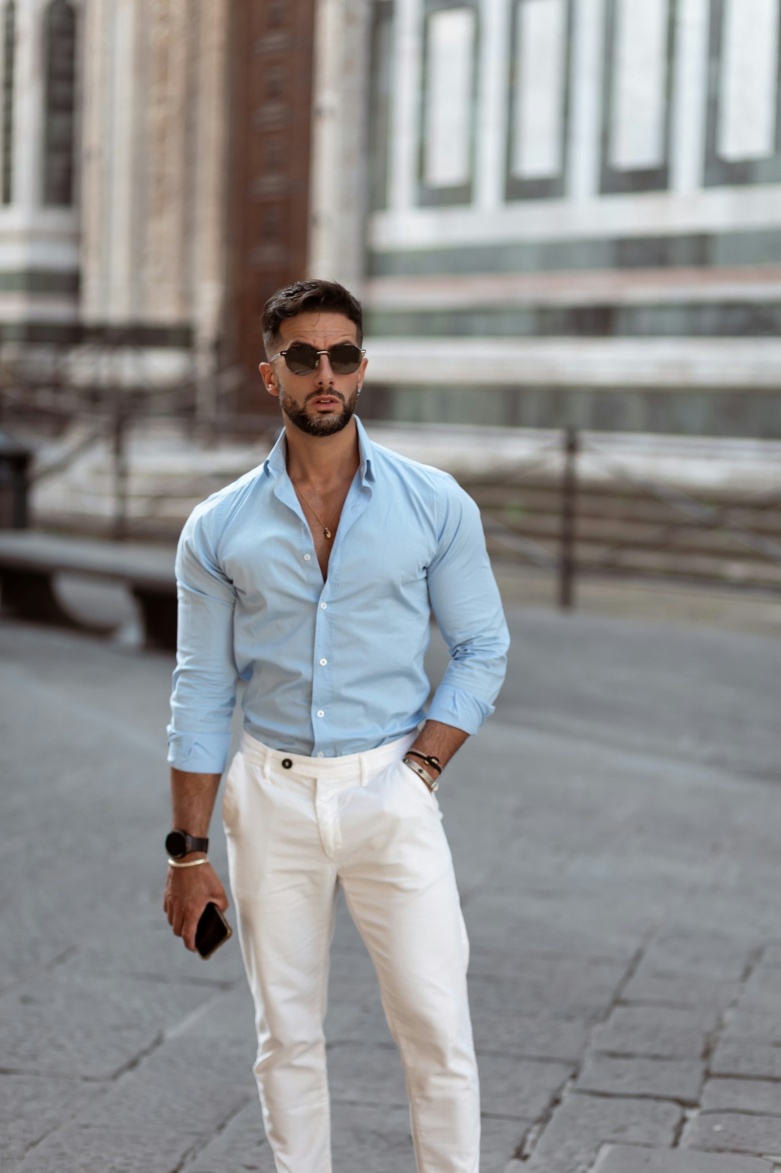 Light blue shirt with cream trousers, a summer blue and cream outfit